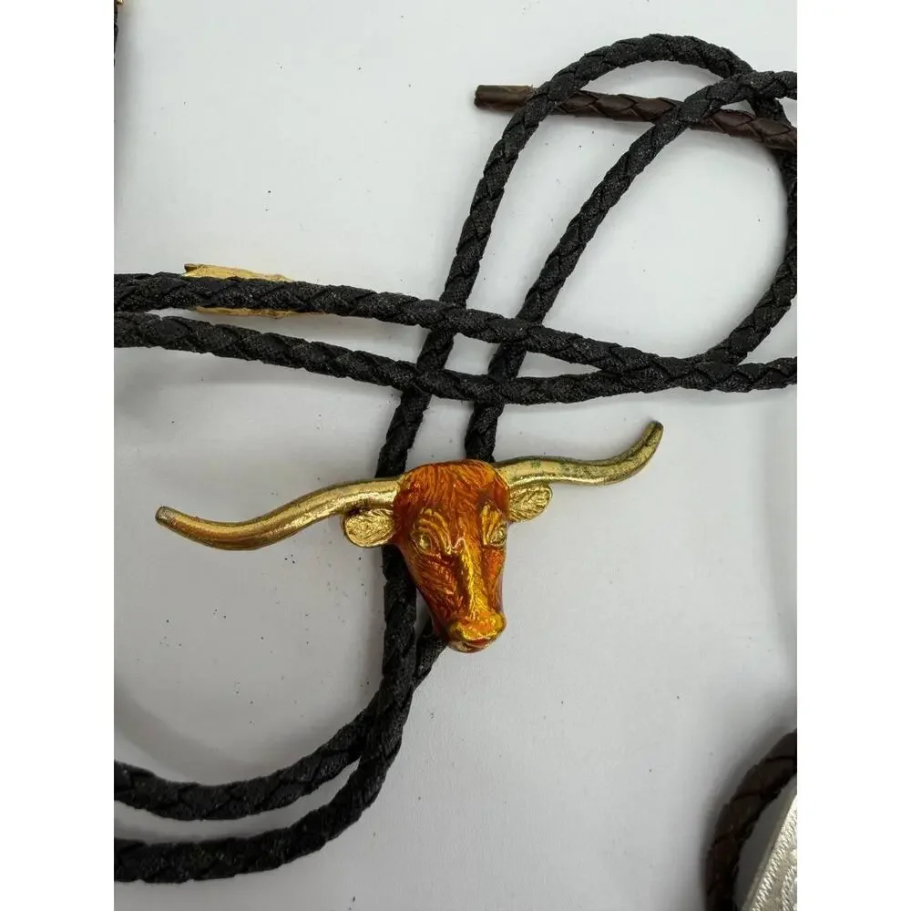 Western Bolo Tie Lot Bull Head Cowboy Rodeo Slide Leather Cord Vintage Style